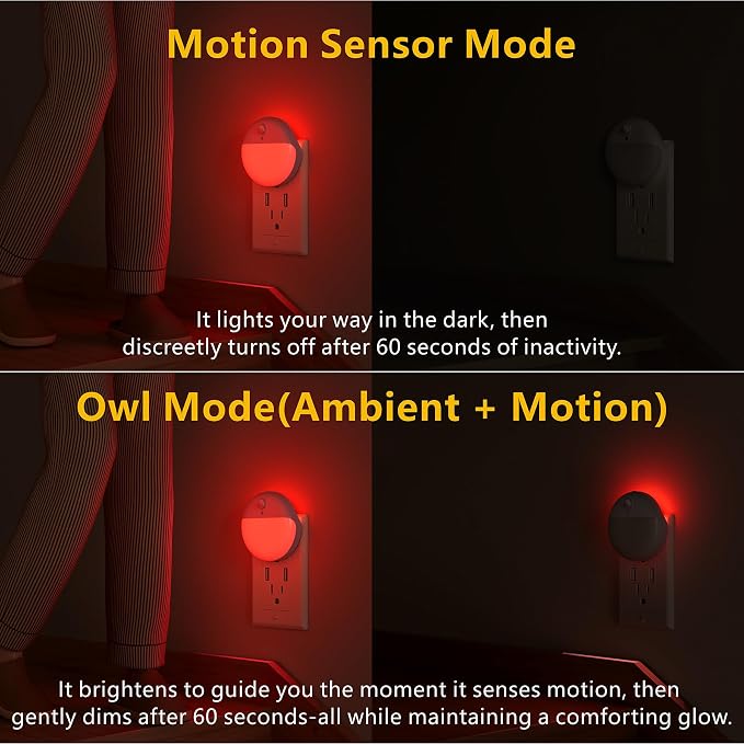 YUNLEX 2 Pack Plug in Red Sleep Night Light with Motion Sensor and Dusk to Dawn Sensor, 3 Modes, Soft Glow, 0% Blue Light True Red, Dimmable, LED Lights for Bedroom, Sleep, Kids, Bathroom, Hallway
