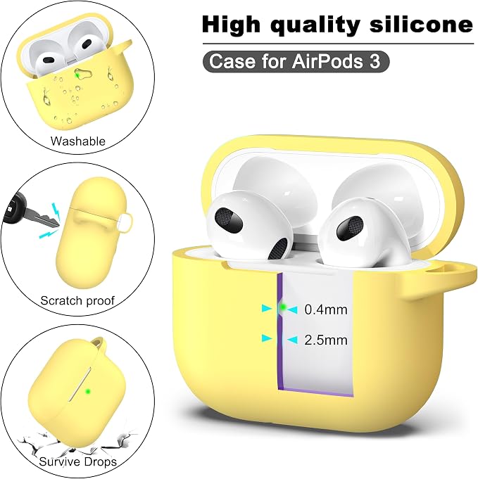 R-fun Compatible with AirPods 3 Case Cover, Silicone Protective Accessories Skin with Keychain Compatible with Apple AirPod 3rd Generation 2021 for Women Men Girls Boys,Front LED Visible,Yellow