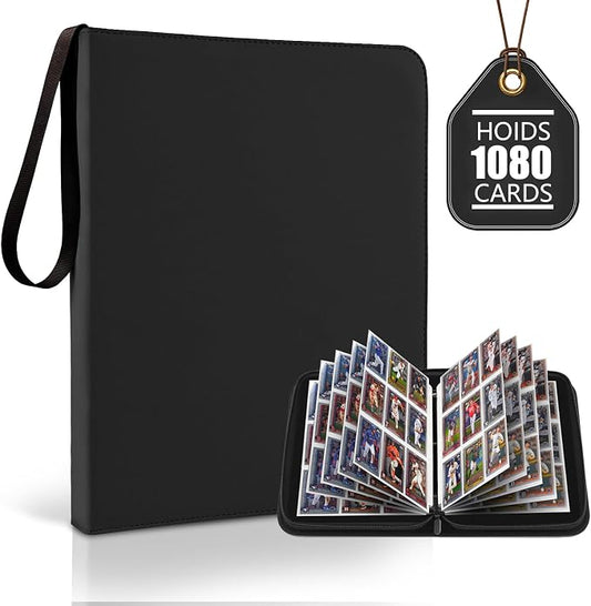 9 Pocket Trading Card Zip Binder - Holds 1080 Cards, 60 Pages Large-Capacity,Double-Sided Removable Sleeves, Suitable for Game Cards/Sports Cards Storage,Black