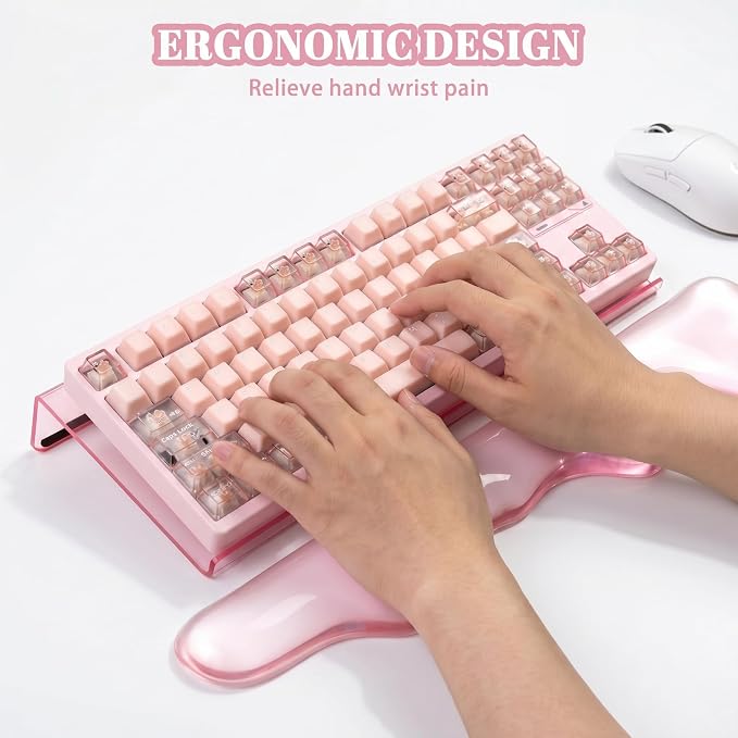 Acrylic Computer Keyboard Stand with Gel Mountain Wrist Rest Keyboard Riser with Comfortable Clear Silicone Mouse Wrist Pad Ergonomic Tilted Transparent Keyboard Holder for Desktop Office Hot Pink