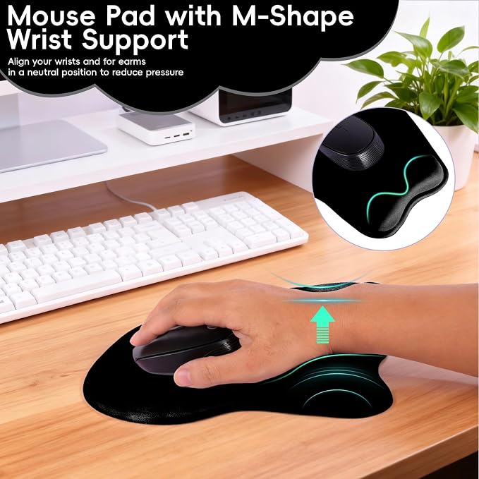 Mouse Pad with Wrist Rest Ergonomic Mouse Pad with Comfortable M-Shape Pain Relief Wrist Support Non-Slip PU Base Mousepad for Laptop, Office & Home (Black)