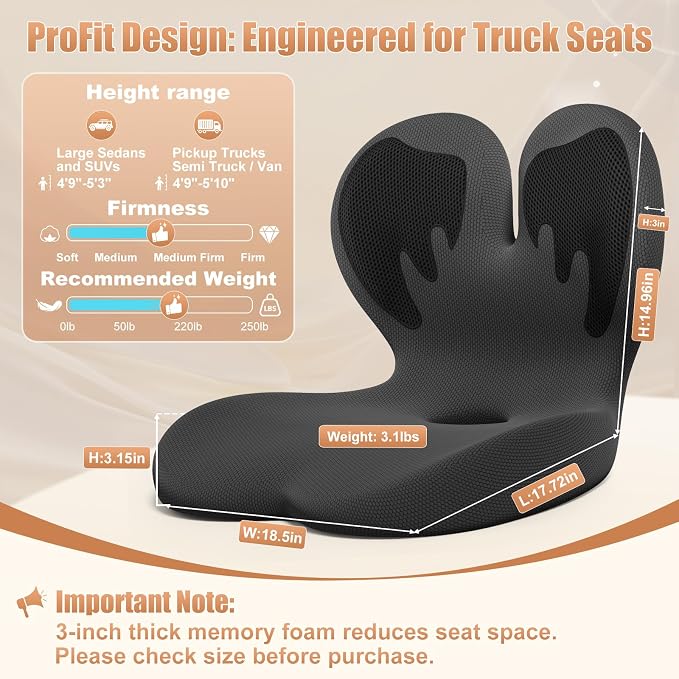 Thick Car Seat Cushion with Lumbar Support for Long Driving RV, Ergonomic Memory Foam Office Chair Cushion for Sciatica, Tailbone & Lower Back Relief, Ideal Gift for Drivers & Office Workers (Black)