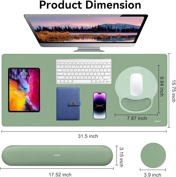 MOSISO Wrist Rest for Mouse Pad Set, Large Gaming Deskpad, Green | Circle Curved Mousepad&Keyboard Wrist Rest&Coaster, Ergonomic Non-Slip Mousepad&Easy Typing Pad with Silicone Lining
