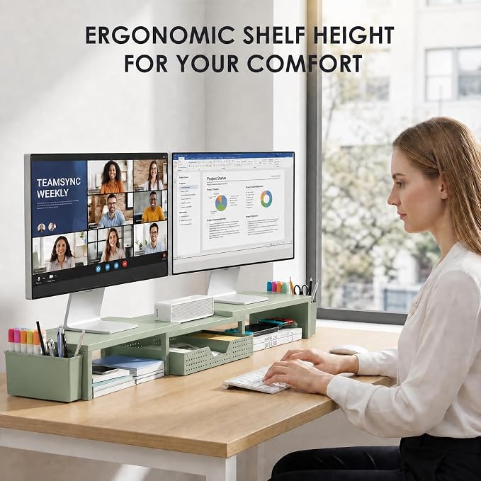 Desk Organizers and Accessories, Dual Monitor Stand Riser with Drawer and 2 Pen Holders, Desk Shelf Computer Monitor Stand for Office Workspace Organizers, Desktop Organization (Sage Green)