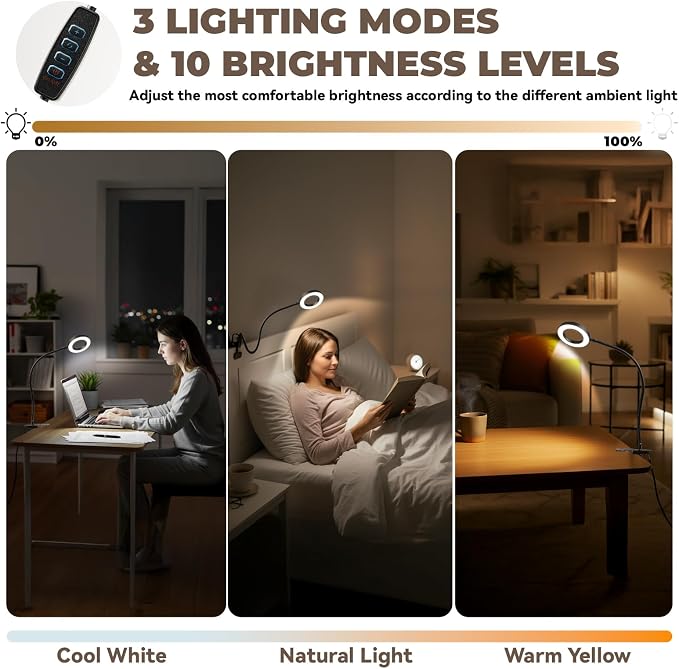 LALISU Clip on Lamp, 5X Magnifying Glass with Light LED Desk Lamp with Clamp Bright Clip Light for Bed Bedside Table, Adjustable Reading Light for Bed, Desk Lights (Black with Magnifying)