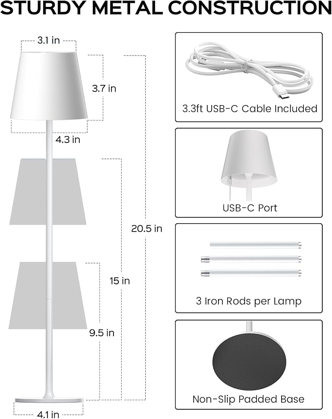 JACKYLED Cordless Table Lamps Rechargeable, 3 Adjustable Height, 5000 Capactiy Operated, 3 Colors Smooth Dimming, Portable LED Waterproof Table Lamp for Dining, Bedroom, Outdoor (2 Pack)