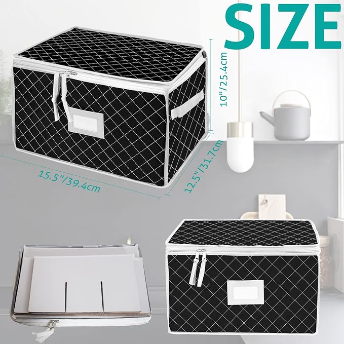 China Storage Containers - Stemware Storage Cases for 12 Wine Champagne Glasses - 2 Pack Crystal Glassware Protector Packing Boxes with Dividers and 2 Handles for Moving (Black)