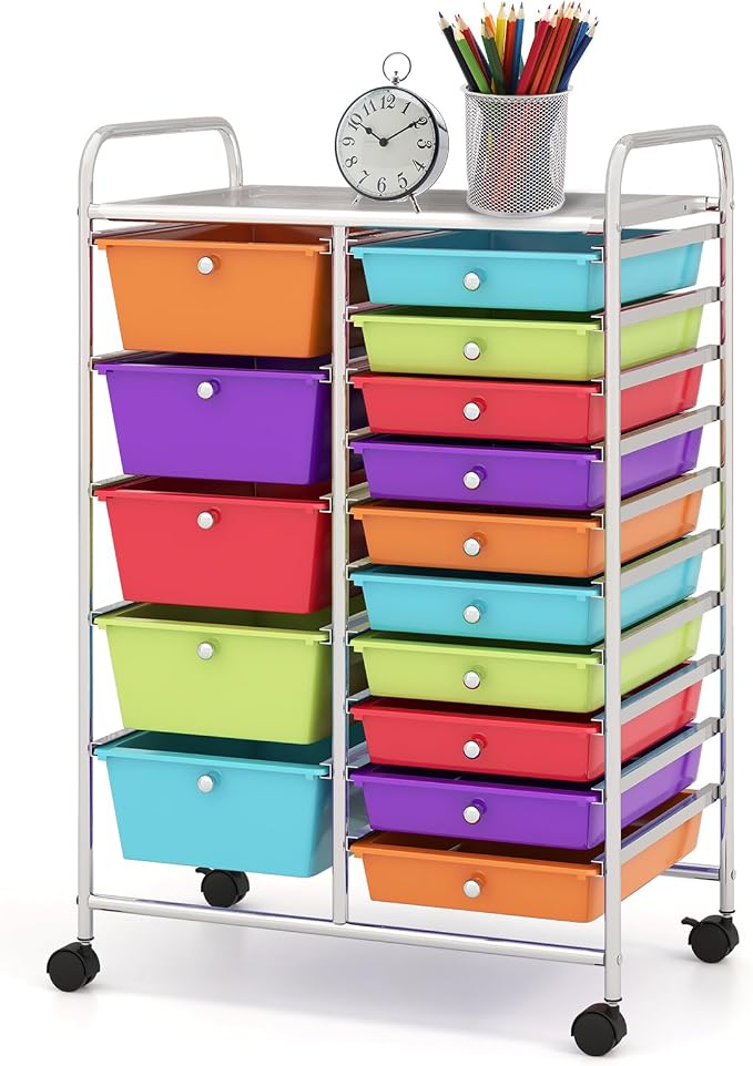 BECOMFORT 15-Drawer Rolling Cart with Drawers, Storage Cart on Wheels, Teacher Classroom Organizers with Metal Frame, Mobile Craft Cart for Tools, Trolley Utility Cart for School Office Play Room