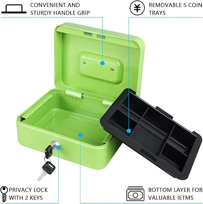 KYODOLED Medium Cash Box with Money Tray,Small Safe Lock Box with Key,Cash Drawer,7.87"x 6.30"x 3.54" Limegreen Medium