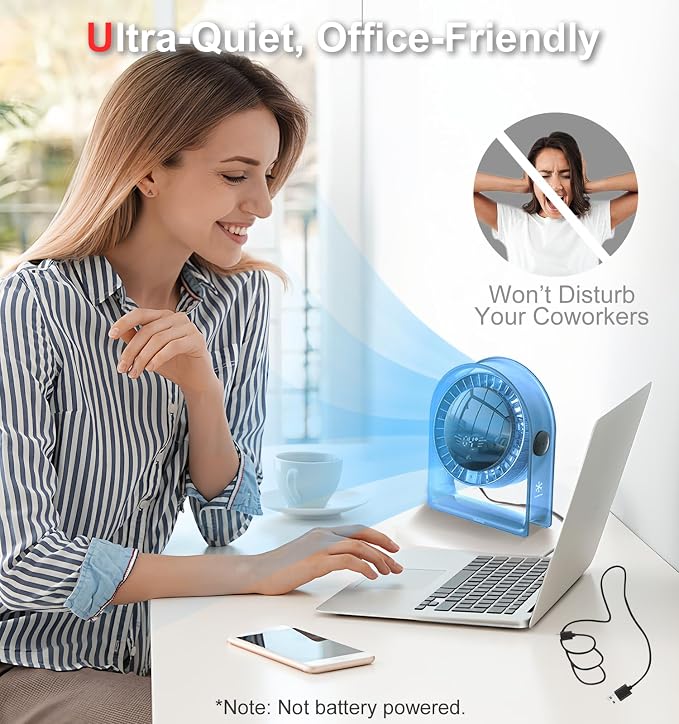 2026 Quiet USB Desk Fan,4 Speeds, 120°Tilt, table Fan for bed & Office | Air Circulator Mini Fan Bedroom,Translucent Black, Portable Smart Display Fan,Low Noise,7 Blades,Cool Room In 3 Mins