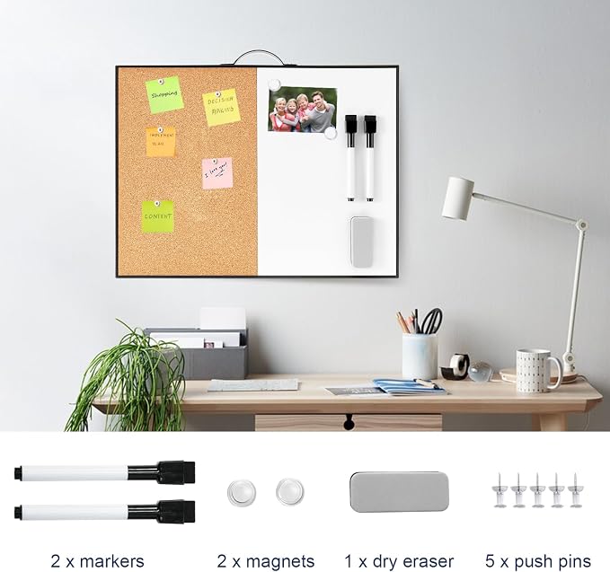 Small Whiteboard Cork-Board - 12" X 16" Portable Aluminum Black Framed Magnetic Dry Erase Board for Wall, Small Bulletin Cork Board with Holder for Office, Home and School