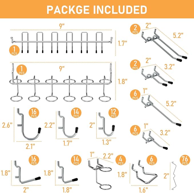 INCLY 176PCS Pegboard Hooks with Peg Locks, 1/4" Heavy Duty Metal | Peg Board Hooks Assortment, With Peg Locks, Pegboard Accessories Organizer Kit, For Garage Wall Organizer Hanging Tools