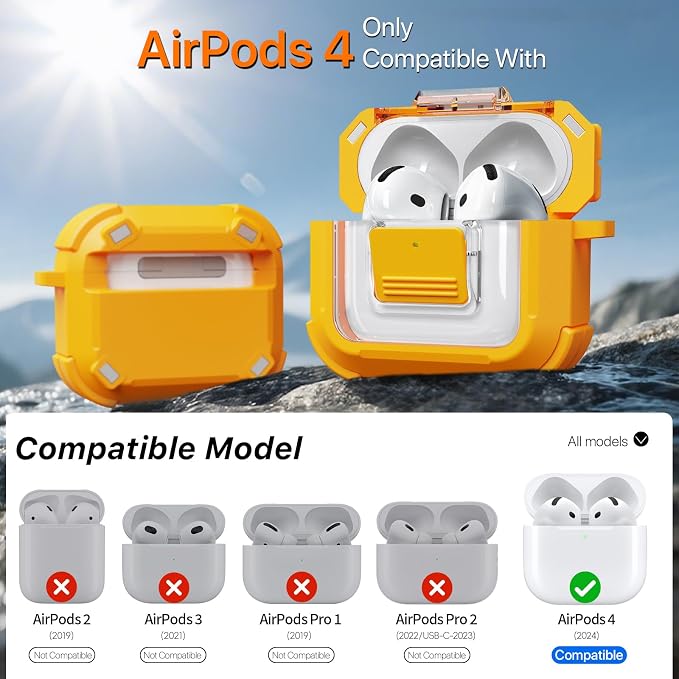 R-FUN for AirPods 4 Case with Lock Magnetic Lid MagSafe, Yellow | Compatible with Apple AirPods 4th Generation Protective Case with Cleaner Kit & Carabiner, Powerful Drop Protection