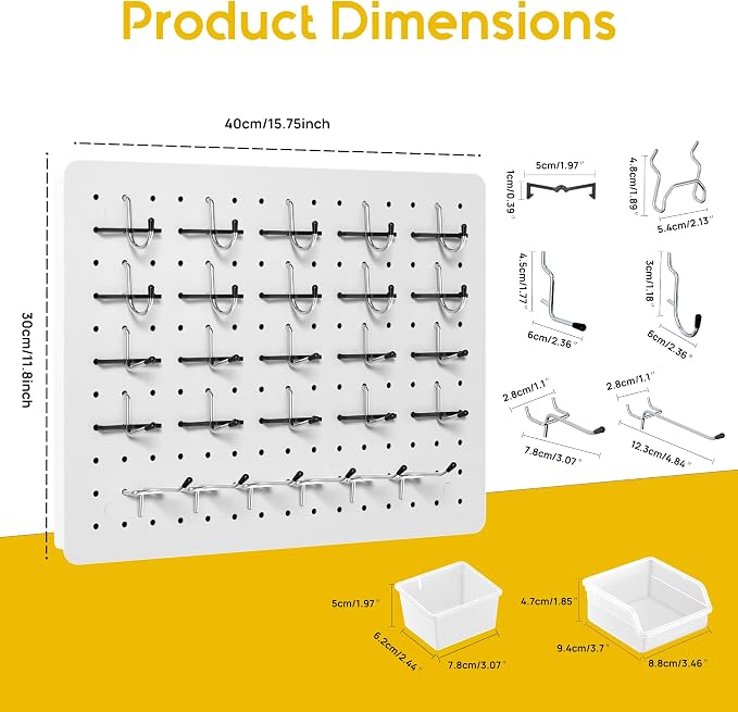 Peg board, Metal Pegboard for Tools, 8 Pack White Wall Organizer with Hooks | 12"x16" steel panels with 36 hooks, 6 bins and peg locks for garage tools, kitchen, office and craft storage