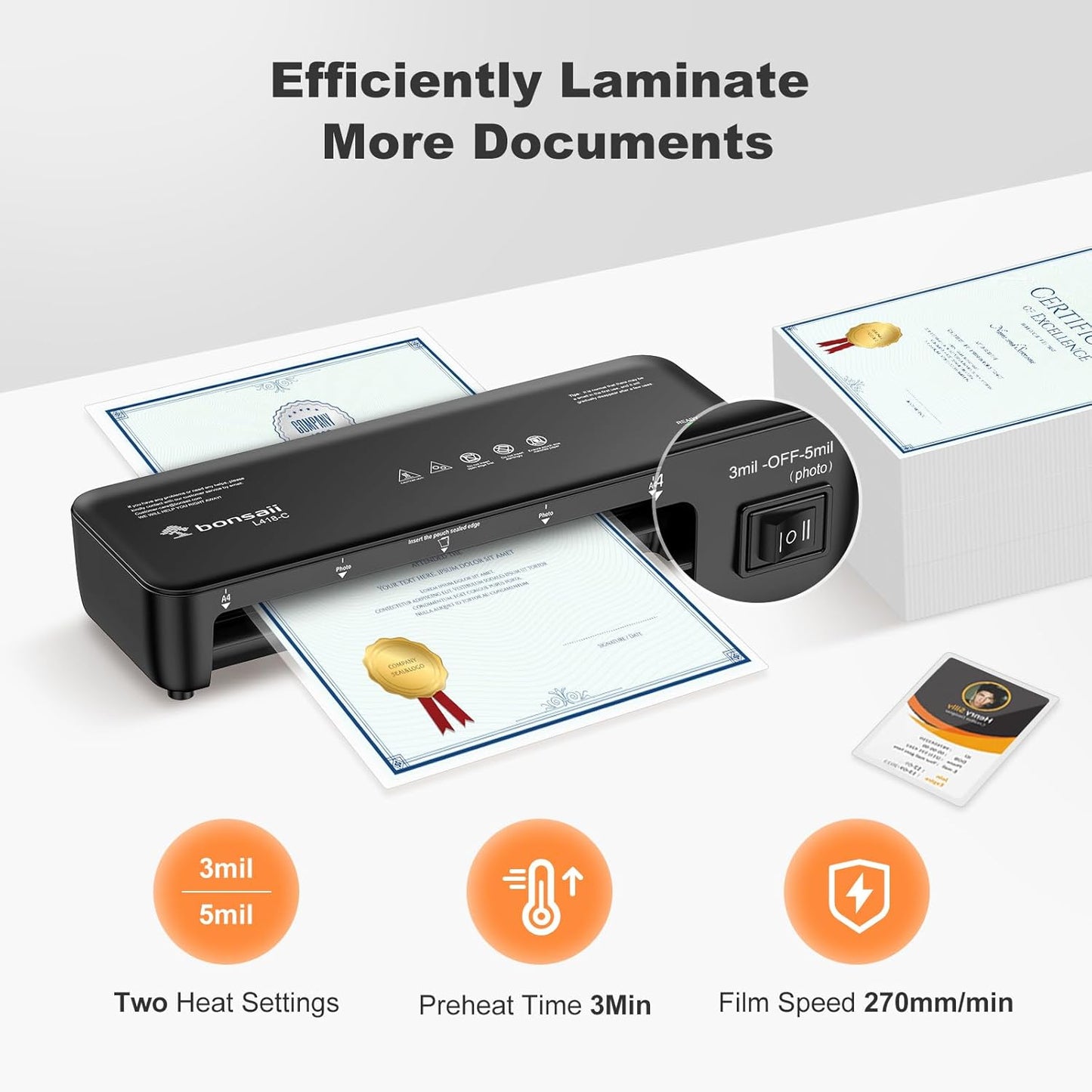 Bonsaii Laminator, 9 Inch Thermal Laminator Machine with Never Jam Technology for Doc/Posters/Photo, Personal Laminating Machine Simple Convenient for Home, Office and School Black