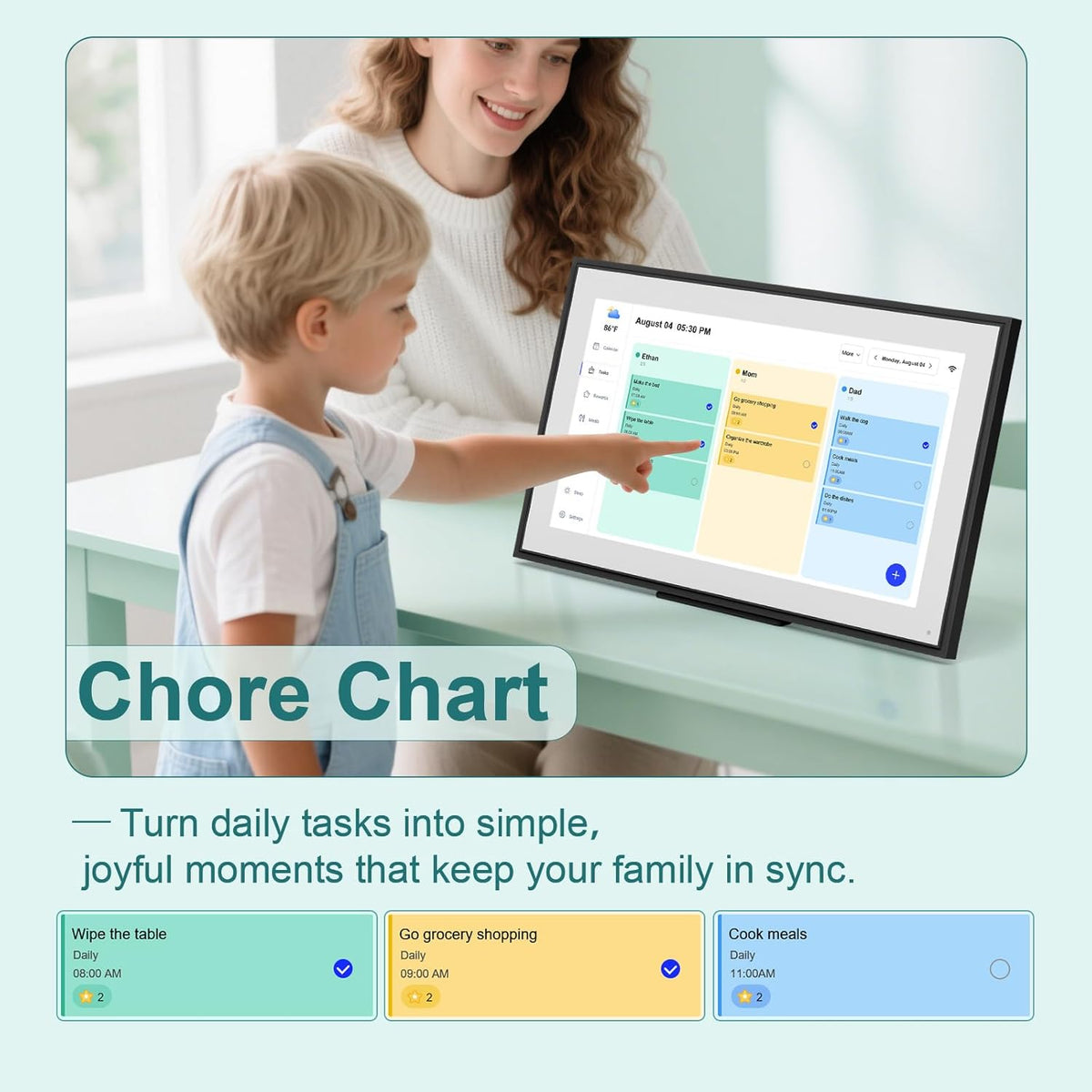 15.6 Inch Digital Calendar Wall Planner 2025-2026 – HD Touchscreen Smart Photo Display for Family Schedules, 32GB Electronic Calendar Chore Chart + To-do List, Wall Mount & Desktop Stand
