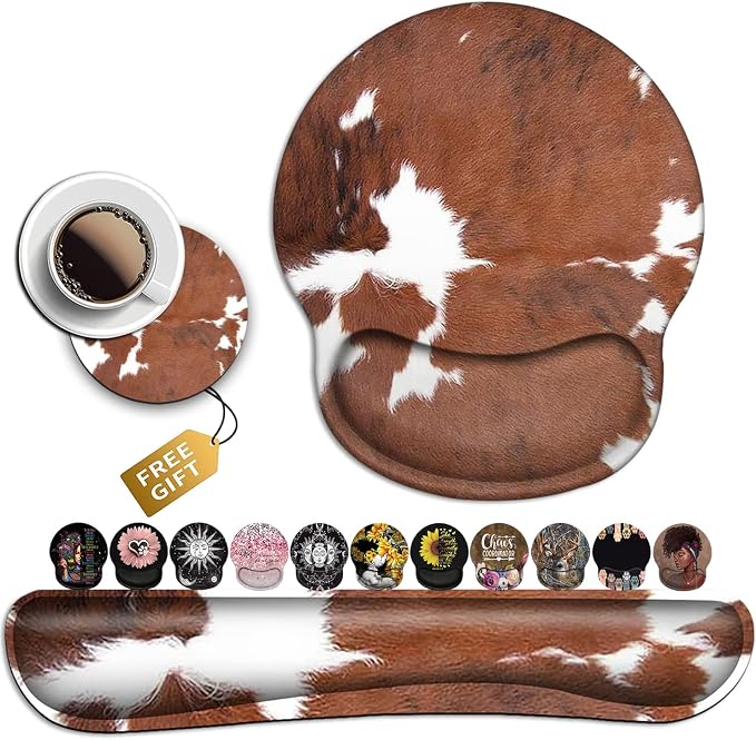 Keyboard Wrist Rest and Mouse Pad with Wrist Support Ergonomic Mousepad Coaster, Easy Typing Pain Relief Keyboard Set, Memory Foam Keyboard Wrist Rest,Cowhide Farm Animal Skin Leopard Brown Cow