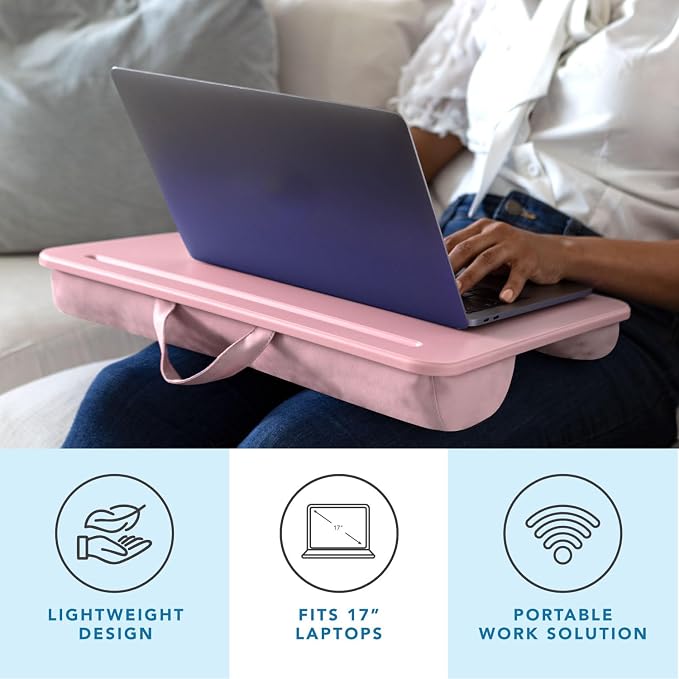 LAPGEAR The Original Lap Desk – Rose Quartz, Fits 17" Laptops | Microbead Cushion, Device Ledge, Built-In Pencil Tray, Carry Handle