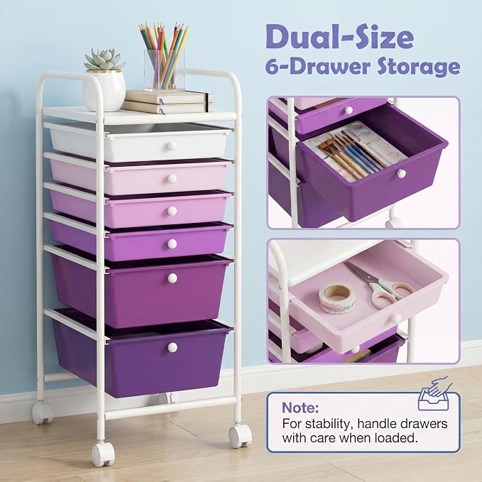 COSTWAY 6-Drawer Rolling Storage Cart, Art Craft Tools Organizer on Wheels | Multifunctional Heavy Duty Utility Mobile Storage Trolley w/ 2 Lockable Wheels for Home Office School (Purple Gradient)