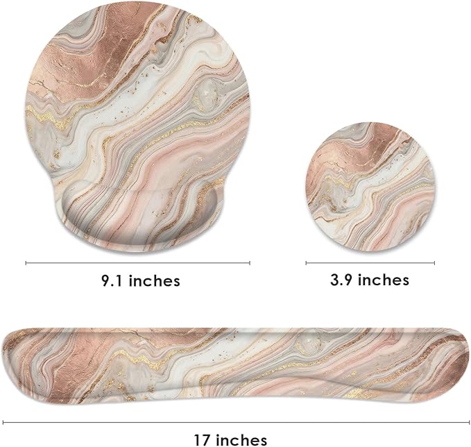Ergonomic Mouse Pad Set with Wrist Rest, Gold Pink Marble | Abstract Non-Slip Rubber Base Wrist Cushion Support and Coasters Mousepad with Wrist Support for Computer Keyboard