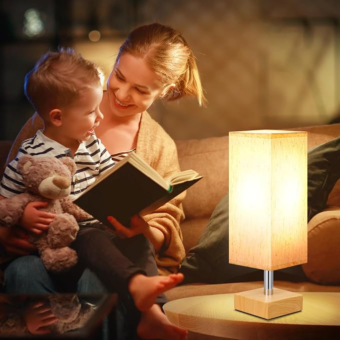 Wood-Grain Small Bedside Lamp for Bedroom - Square Cream Fabric Shade | Inline Rocker Switch, Corded Electric, Bulb Not Included, 12.8" Mini Table Lamp for Nightstand, Desk, Dorm, Office