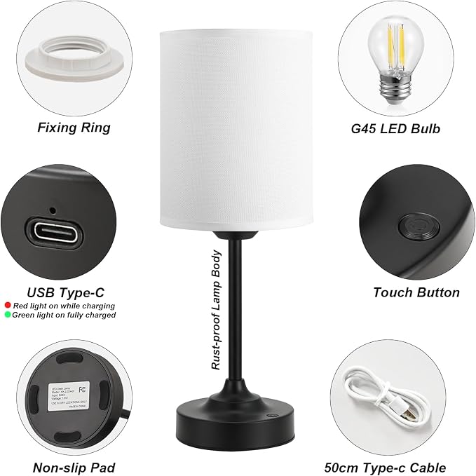 Touch Control Cordlss Table Lamp, USB-C Rechargeable Lamp with Stepless Dimming, 4000mAh Battery Operated Bedside Lamp for Bedroom, Living Room, Night Light & Emergency Lighting, Black, 1 Pack