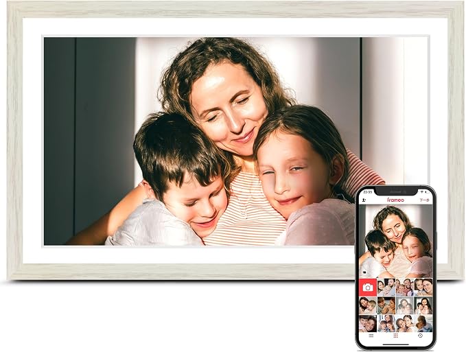Digital Picture Frame, 15.6 Inch Frameo Digital Frame WiFi, 1920 * 1080 IPS FHD Touchscreen, 32GB, Tabletop&Wall-Mounted, Share Picture Video, Large Electric Photo Frame, Mom Gifts, White Woodgrain