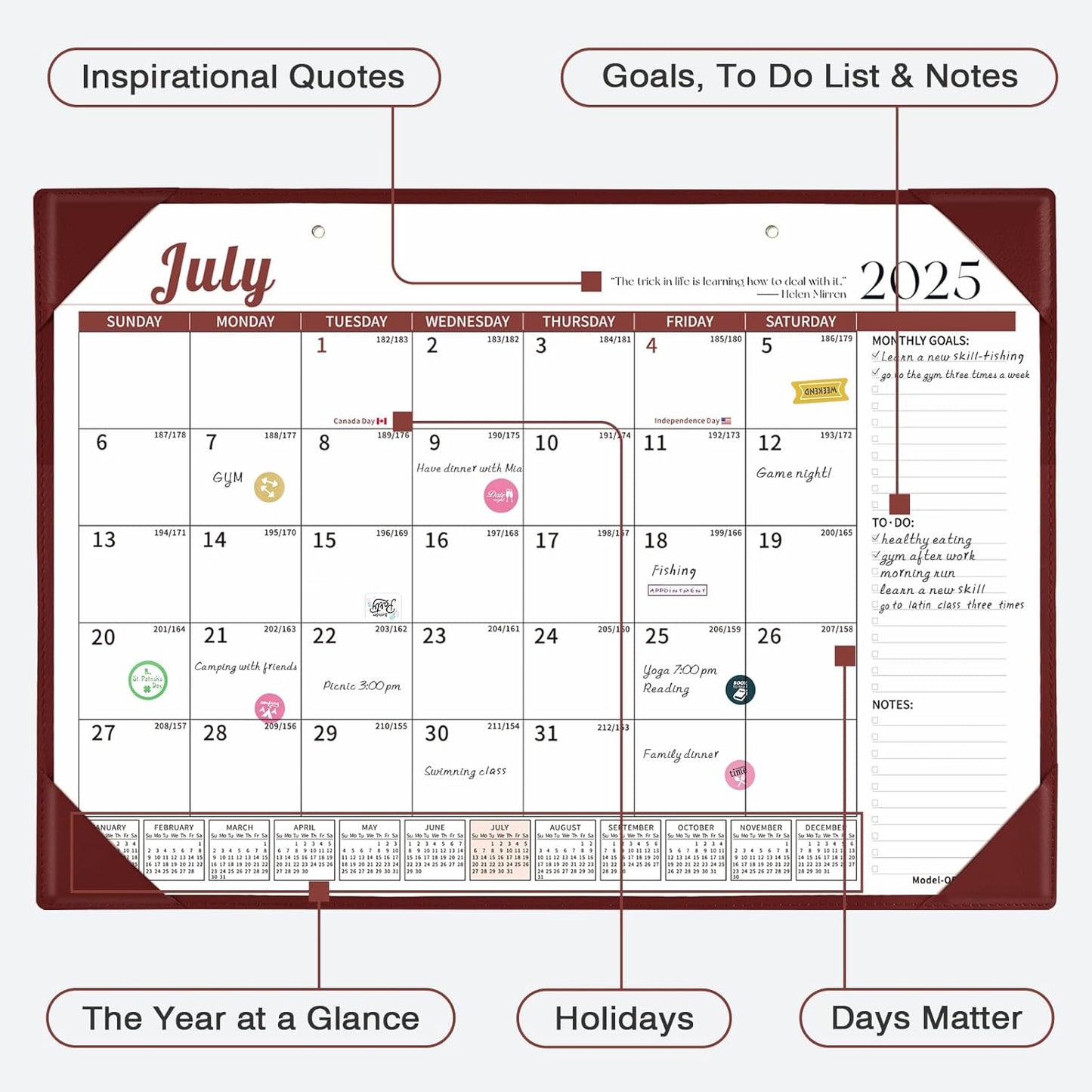Ospelelf Desk Calendar 2025-2026 Wall Monthly Planner 12"x17" Leather Pad with Protective Cover 18 Months July 2025 to December 2026 Brown