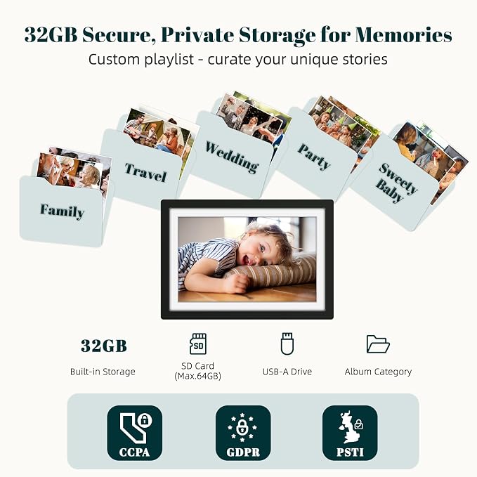 Frameo Digital Photo Frame WiFi Matte Black Frame 10.1 Inch Picture Frame with 1280x800 HD IPS Touchscreen, Built-in 32GB, Send Photo Video via Frameo App/USB/SD, Gifts for Women Men