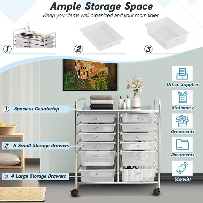 COSTWAY 12-Drawer Rolling Storage Cart, Moveable Art Craft Organizer | Lockable Wheels, Metal Shelf, Files Arrangement Tools Makeup Storage Cart for Office, Home, School (Clear)