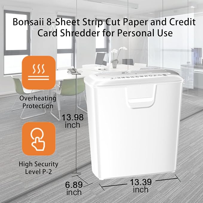 Bonsaii 8-Sheet StripCut Shredder - High Security, CD/Credit Card, Overheat Protection, 3.4 Gal Bin, Ideal for Home Office, Low Noise Operation, White