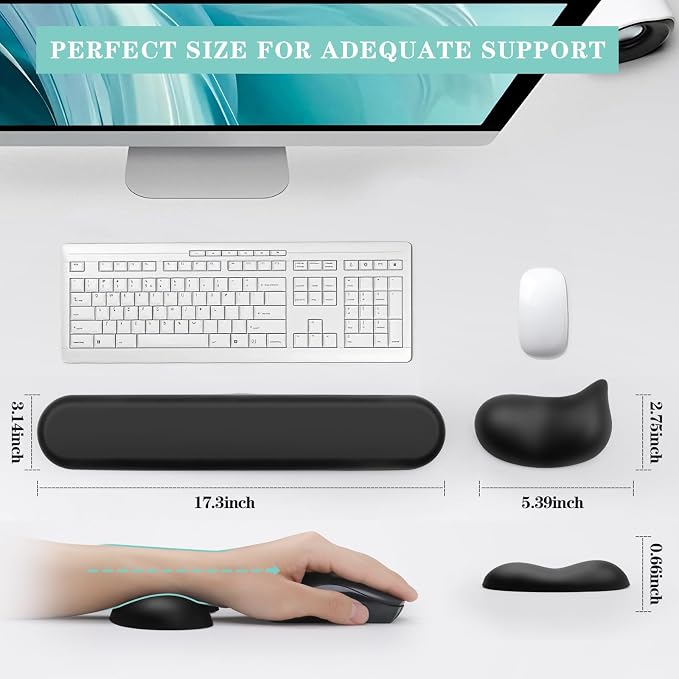 Ergonomic Wrist Rest for Computer Keyboard and Mouse Set with Wrist Support | Leather Memory Foam Mouse pad Rests for Pain Relief, Non-Slip, Desk Wrist Pad for Office Home (Black)