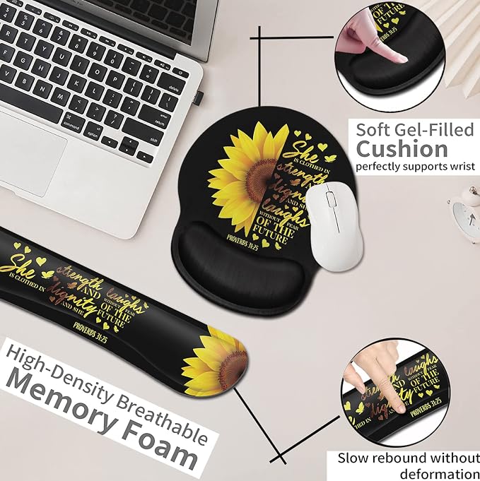 Mouse Pad Keyboard Wrist Rest Coaster, Mouse Support Set,Sunflower Christian Bible Verse Black padErgonomic Memory Foam Mouse and Keyboard Pad Set for Laptop Computer Office Home Working Gaming