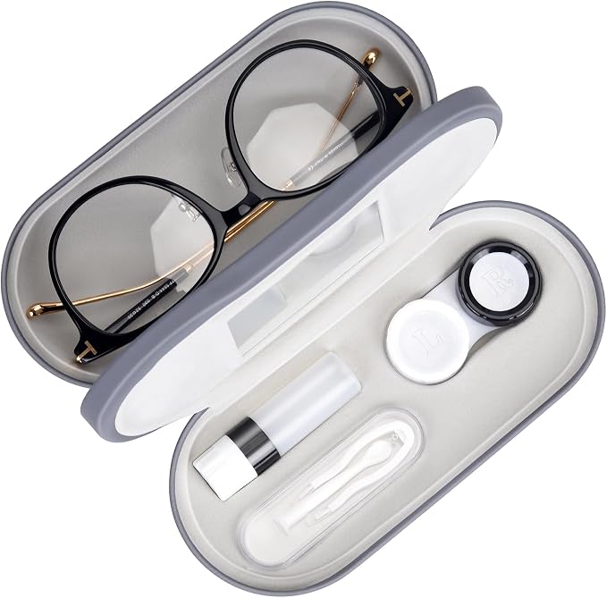 Muf 2 in 1 Contact Lens Case and Glasses Case, Double Sided Design with Mirror, Portable Travel Kit with Tweezer, Remover and Solution Bottle, Grey
