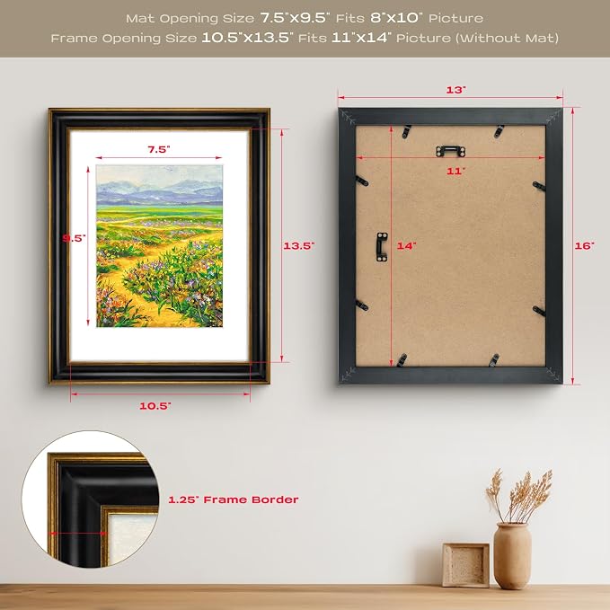 Golden State Art, 11x14 Photo Frame With Mat for Pictures 8x10 and Real Glass (Black With Antique Gold Trim - White Color Mat, 1.25 Inch Frame Border)