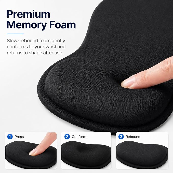Mouse Pad with Wrist Rest Ergonomic Memory Foam Support, Non-Slip Rubber Base, Comfortable Typing Cushion for Home Office Computer Laptop, Black