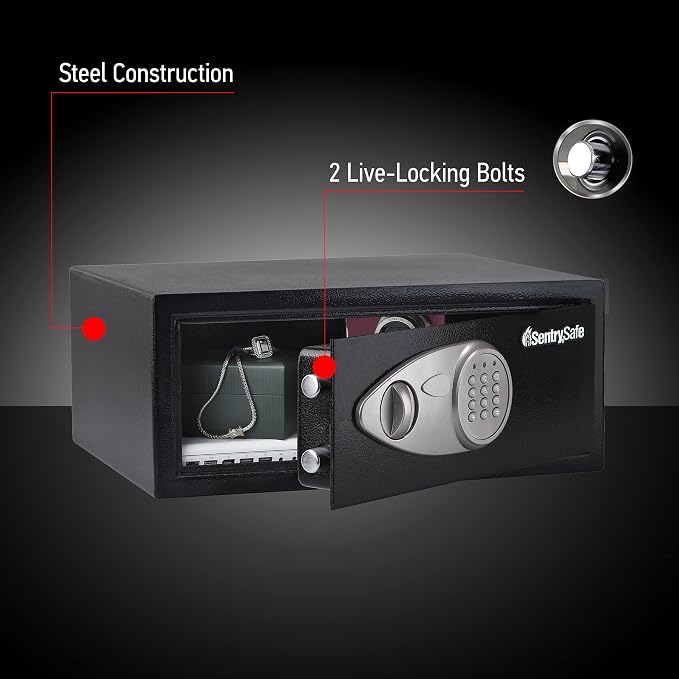 SentrySafe Shelf Safe with Digital Keypad Lock, Steel Safe with Interior Lining and Bolt Down Kit for Money, Jewelry, 0.78 Cubic Feet, 7.1 x 16.9 x 13.8 Inches, X075