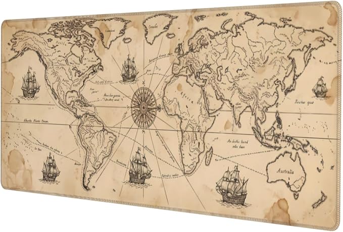 Vintage Map Gaming Mouse Pad Large Extended Desk Mat Non-Slip Rubber Base Keyboard Pad with Stitched Edges for Office Gaming 31.5x11.8 in
