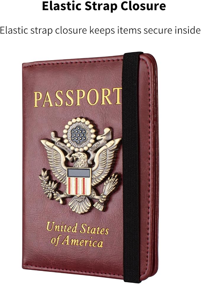 Passport Holder and Card Slot Combo RFID Blocking Leather Travel Passport Wallet for Men and Women US Passport Cover, Wine Red