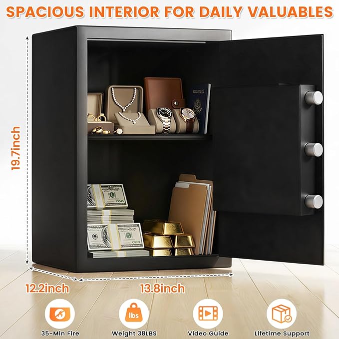 Fireproof Safe Box | 1550℉ 35-Min Real Test Fire Safe | 3.6 Cuft Large Safe | 35Lbs Heavy Duty Fire Safe Box | 3 Quick Access Unlock | Anti-Theft Alarm & Wall Mount | for Home Office Cash Document