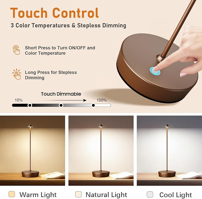 2P Cordless Rechargeable Led Table Lamp Battery Operated Light Coffee | Desk Lamp Touch 3 Color Dimming Portable Outdoor Waterproof Table Light for Patio/Restaurant/Dining/Home