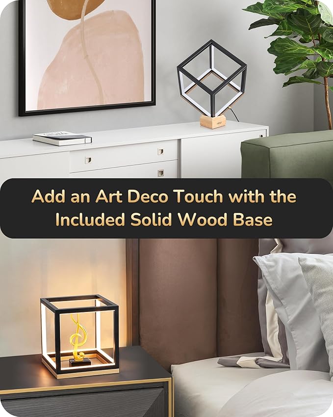 EDISHINE Modern LED Table Lamp, Minimalist Bedside Lamp for Living Room | Solid Wood Base, 3 Way Dimmable, 3000K/4500K/6000K, 470LM, Black Gold Square Geometric for Bedroom, Office