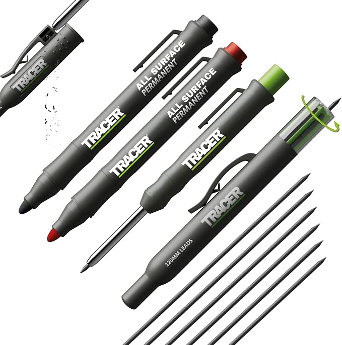 Tracer Marking Kit - Deep Hole Pencil, ALH1 Lead set and 2 Clog Free Markers with Holsters. Construction pencil & Marker set | Deep hole pencil with lead set, 2 clog-free markers in black and red, belt holsters included