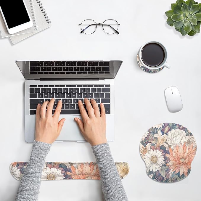Ergonomic Mouse Pad Set with Wrist Rest, Daisy Floral Vintage | Cottagecore Non-Slip Rubber Base Wrist Cushion Support and Coasters Mousepad with Wrist Support for Computer Keyboard