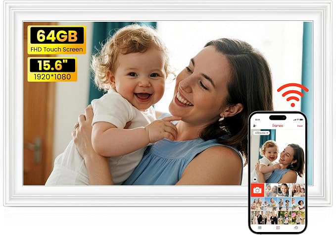 64GB Frameo 15.6" Digital Picture Frame Large 1920 x 1080 IPS FHD Touch Screen WiFi Electronic Photo Frames Share Moments Instantly Anywhere Best Gifts for Parents and Grandparents White