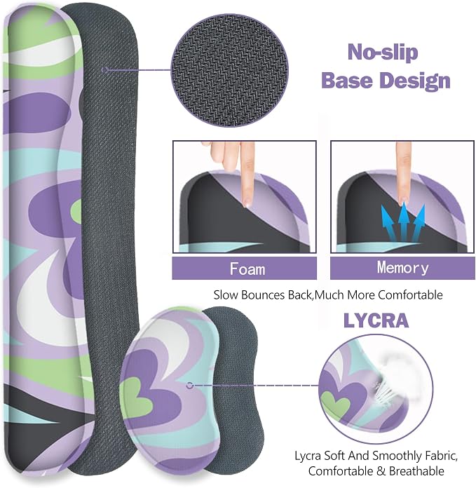 ToLuLu Extended Gaming Mouse Pad, Memory Foam Ergonomic Keyboard Mouse Wrist Rest Support Set, Large Desk Mat with Stitched Edges, Non-Slip Base Mousepad for Home Office Game Study, Purple Hearts