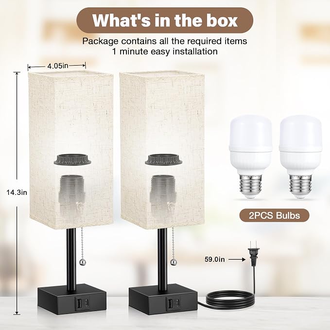 Bedside Lamps for Bedroom Set of 2 - Small Rectangular Nightstand Lamp with USB A C Charging Port, 3 Color Temperatures Desk Light with Bulb, Tabletop Reading Lamp for Living Room/Dorm/Office | USB A+C Ports, 3 Color Temperatures, LED Bulb Included, Pu...