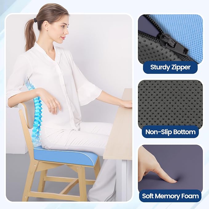 SweetSlubr Seat Cushion for Tailbone Pain Relief, Office Chair Cushion, Memory Foam Large Chair Pad with Non-Slip Cover for Soft Support at Office Chair, Car Seat, Airplane Light Blue/Large