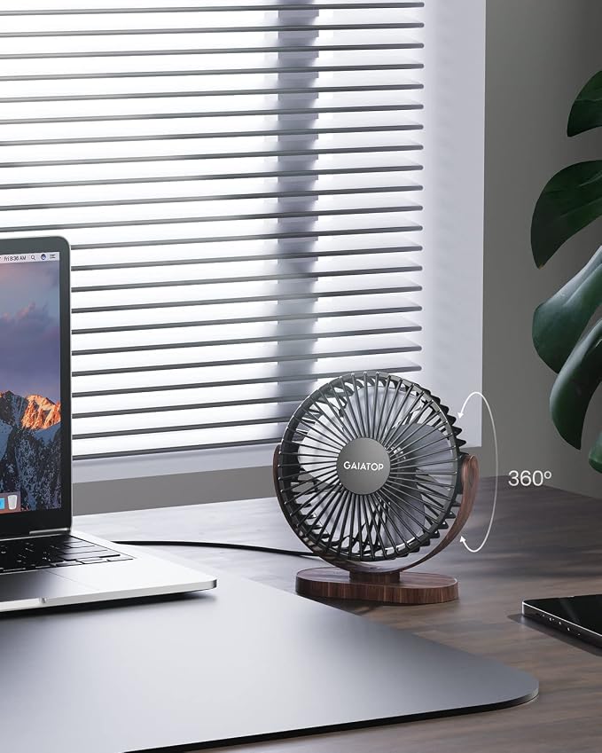 Gaiatop USB Desk Fan, 5.5 Inch Small Quiet Powerful 3 Speeds 90° Rotate, Personal Mini Portable Desktop Table Fans, Cooling for Home Office Car Travel Indoor Outdoor Wood Grain