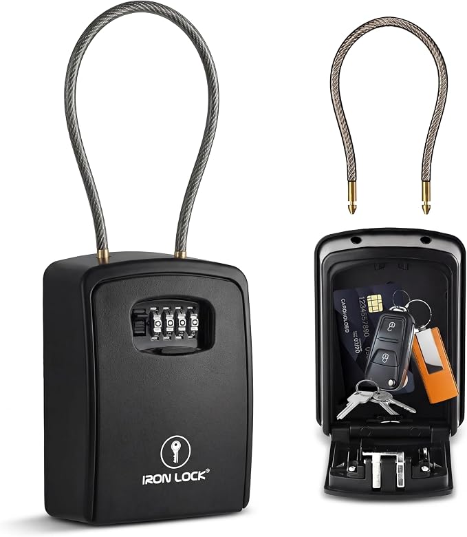 Iron Lock® XXL Portable Key Lock Box, 15in Steel Cable, Code (XXL, Black) | Holds 20-30 keys + car fobs; unique built-in tray; loops on gate or rail or wall-mounts; resettable code; dial cover